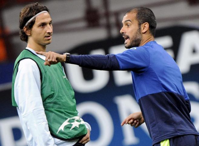 Ibrahimovic y Guardiola, durante un entrenamiento en 2011.