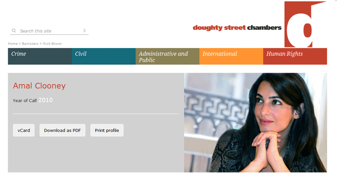 Perfil profesional de Amal en la web de su bufete de abogados.