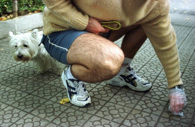 Un hombre recoge las heces de su perro en la calle.