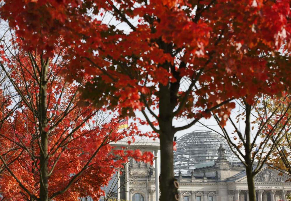 El Reichstag es visto a travs de los rboles otoales en Berln.