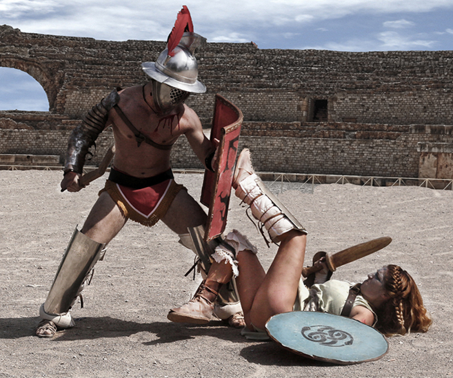 Recreacin de una pelea de gladiadores.