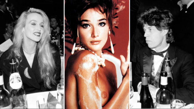 De izquierda a derecha: Jerry Hall, Carla Bruni y Mick Jagger.