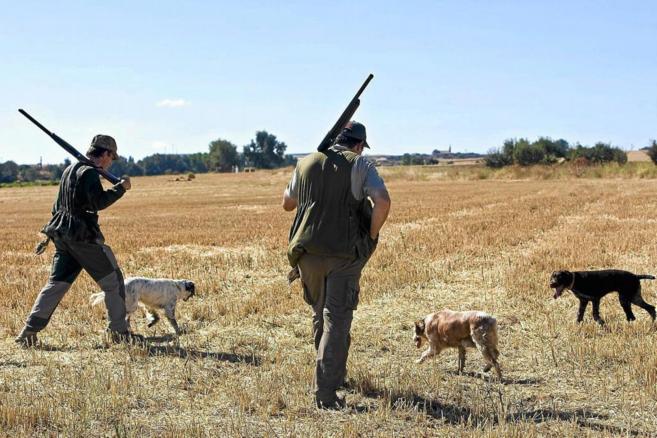 Dos cazadores con sus perros.