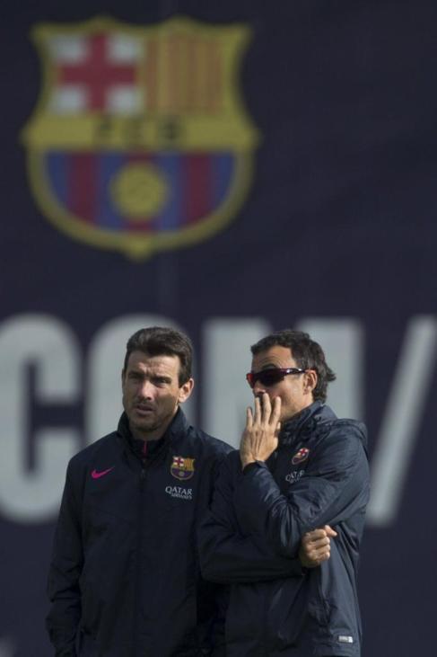 Luis Enrique y Unzu, durante el entrenamiento del Barcelona.