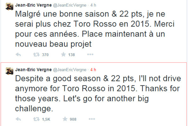 Anuncio en ingls y francs de Vergne en su Twitter, donde comunica...