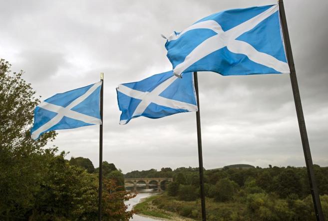 Banderas escocesas ondean en tierras de Escocia cercanas a Inglaterra.