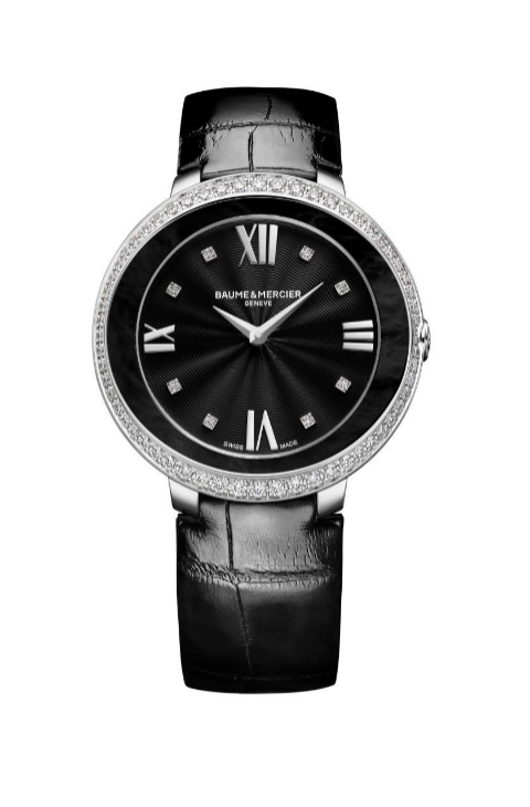 Reloj de cuero negro con caja circular con diamantes (c.p.v), de Baume...