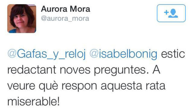 Tuit publicado por Aurora Mora insultando a la consellera Isabel...