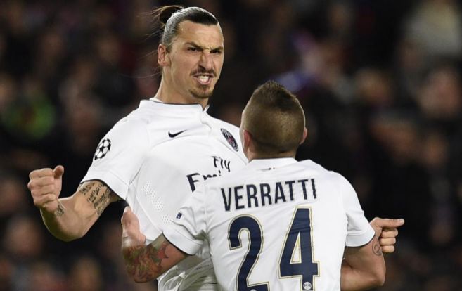 Zlatan Ibrahimovic celebra con Verratti su gol en el Camp Nou.