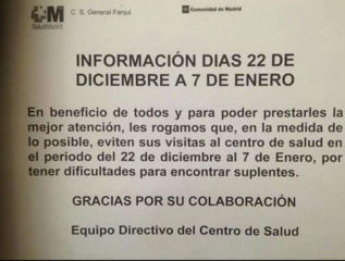 Cartel colocado en el centro de salud General Fanjul (Madrid).