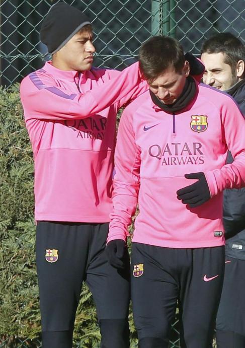 Messi y Neymar, durante un entrenamiento.