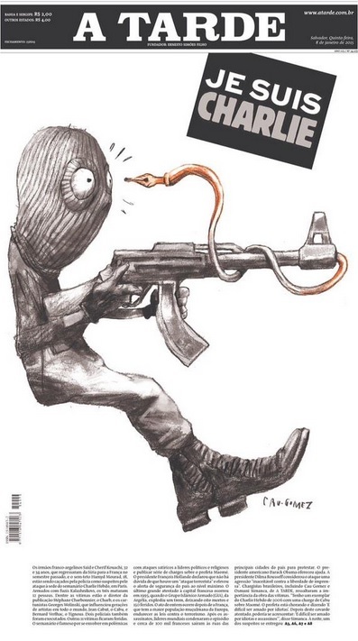 Portada del diario brasileo A Tarde en homenaje a Charlie Hebdo