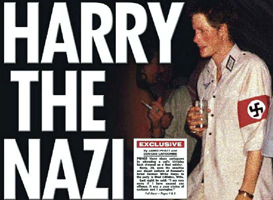 El prncipe Harry de Inglaterra acudi a una fiesta de disfraces en 2005 con un <a href="https://www.elmundo.es/elmundo/2005/01/13/sociedad/1105579083.html">uniforme nazi y un brazalete rojo</a> con una esvstica. Las imgenes fueron publicadas en su portada por el diario sensacionalista 'The Sun'. El incidente se produjodas antes de las conmemoraciones por el sexagsimo aniversario de la liberacin del campo de concentracin de Auschwitz (Polonia). El joven se pidi perdn a travs de un comunicado oficial. "Lo siento mucho si he causado alguna ofensa o vergenza a alguien. Fue una mala eleccin de disfraz y me disculpo".
