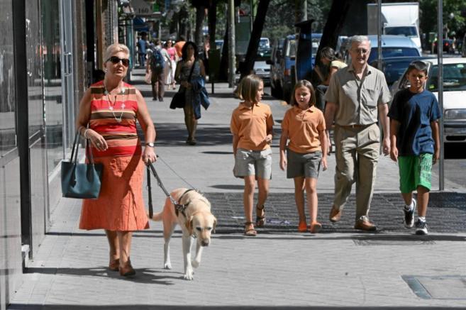Una mujer camina acompaada por su perro gua.