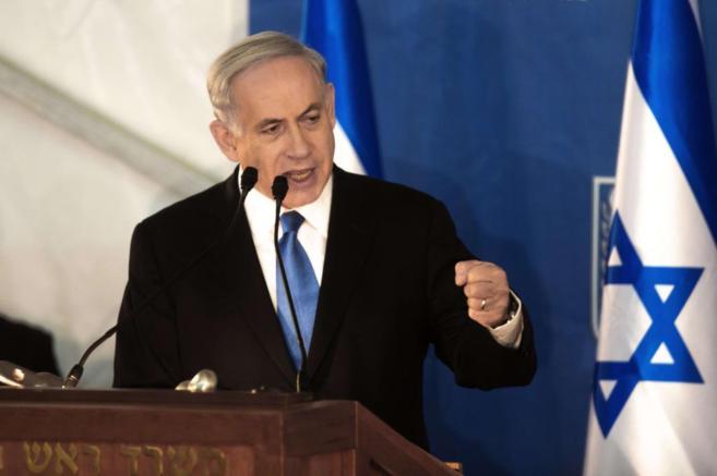 El primer ministro israelí, Benjamin Netanyahu, da un discurso en...