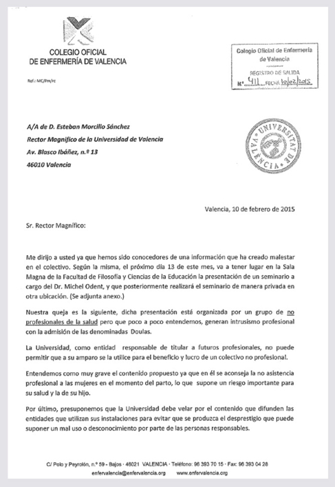 Carta que envi el Colegio de Enfemera al rector de la Universitat...