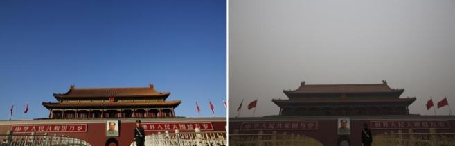 La Puerta de Tiananmen en un día soleado de noviembre de 2014 (izda)...