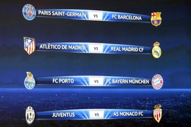 Los cuartos de Champions, en las pantallas de la sede de la UEFA en...