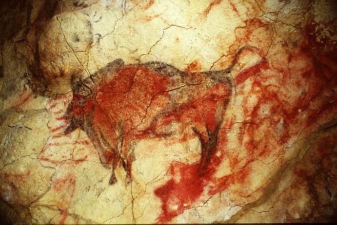 pintura rupestre de un bisonte, en el techo de la cueva de Altamira.