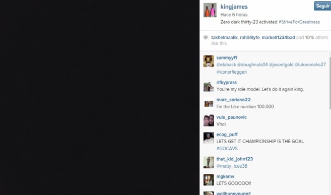 La cuenta de Instagram de LeBron James con un fondo negro.