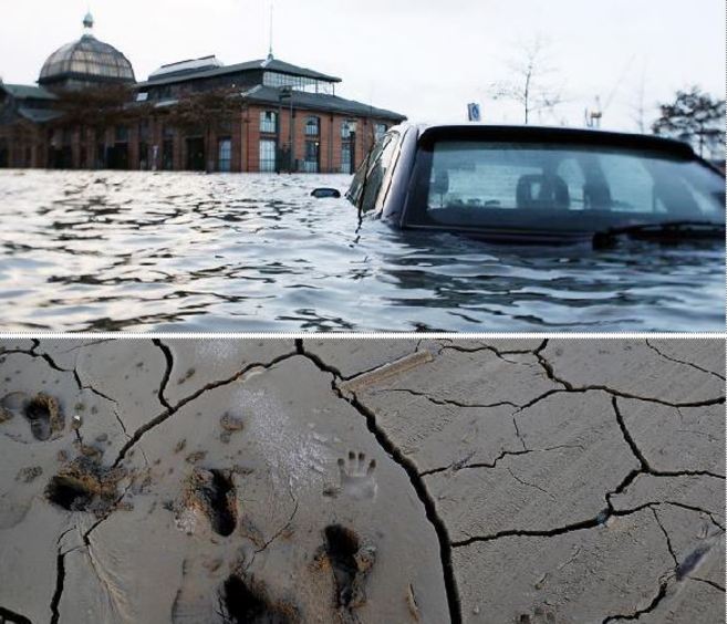 Inundaciones en Hamburgo en 2007 y terreno desecado en Chile en 2015.