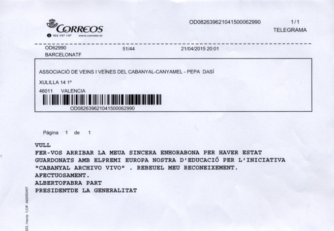Telegrama enviado por el presidente Alberto Fabra a los vecinos de El...