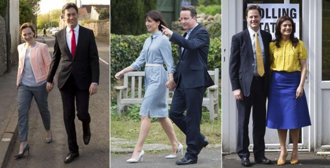 Ed Miliband, David Cameron y Nick Clegg, junto a sus respectivas...