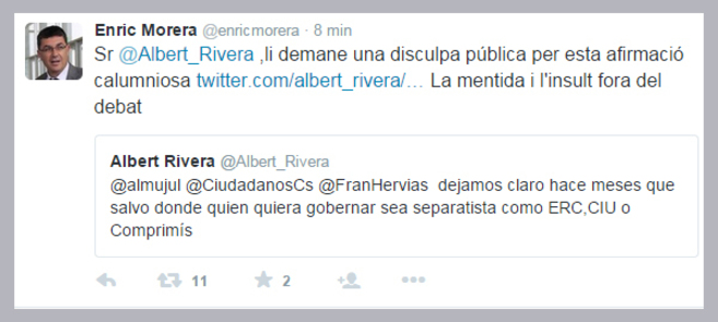 Mensaje de Enric Morera en respuesta al tuit de Albert Rivera.