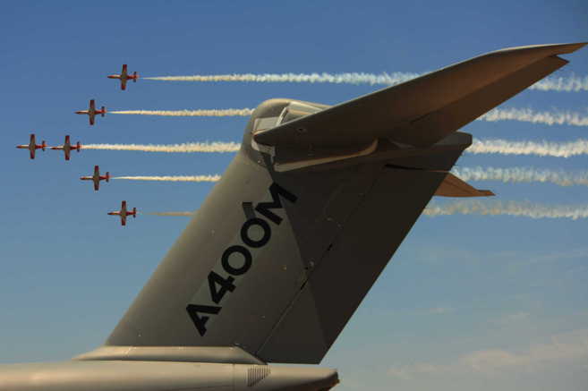 Un A400M en la Base de Morón, durante una exhibición aérea...