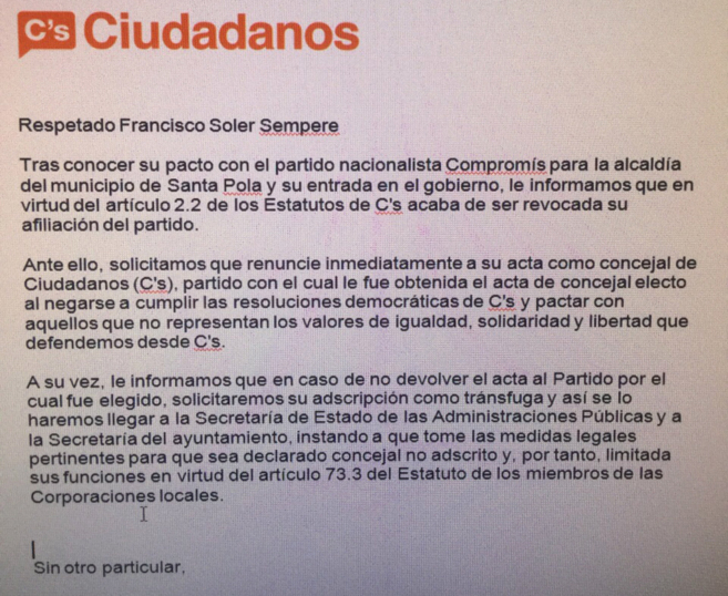La carta de despido en Ciudadanos: 'Acaba de ser revocada 