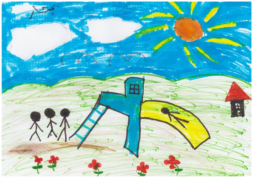 Dibujo colorido que muestra un da alegre con nios jugando.