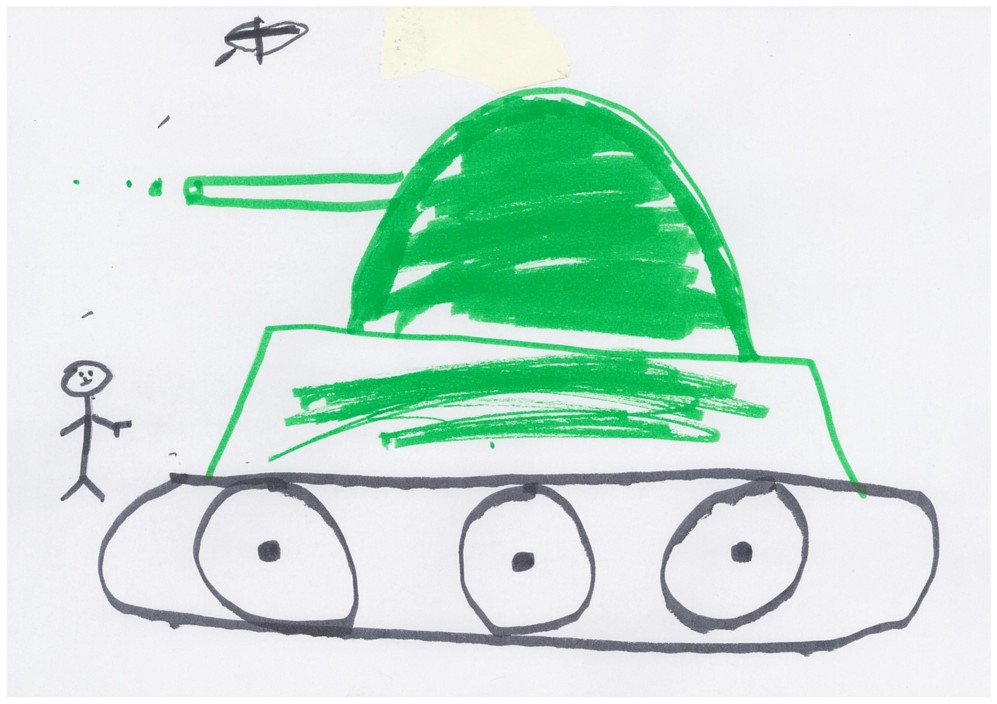 Ilustracin de una persona frente a un enorme tanque de guerra.