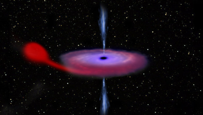 Recreación del sistema binario V404 Cygni. La estrella compañera (en...