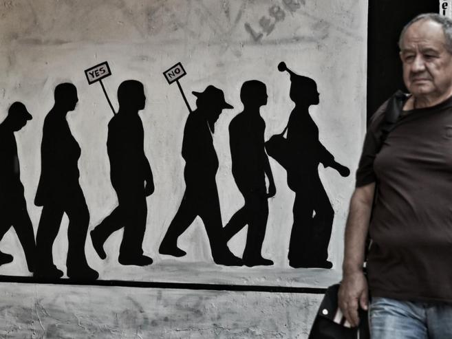Detalle de un grafiti en Atenas simbolizando la celebracin del...