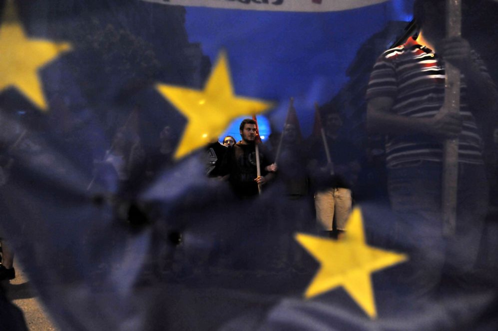 Los griegos se manifiestan por el "NO" en el referndum. Grecia.
