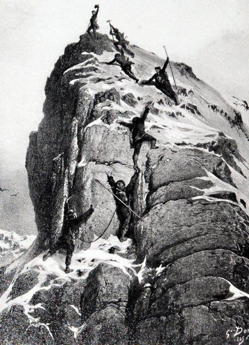 Grabado de la primera ascensin al Matterhorn, en Los Alpes.