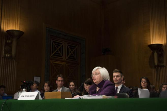 La presidenta de la Fed, Janet Yellen, durante una comparecencia en el...