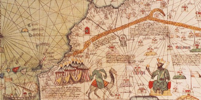 El rey Mansa Musa (d), en un detalle del Atlas Cataln de 1375.