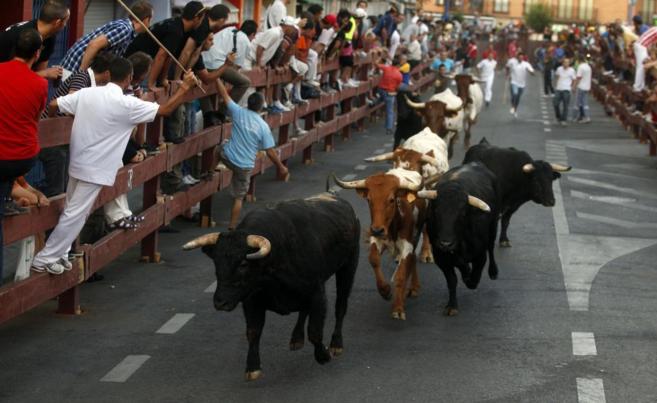 Los toros recorren las calles de Legans en el transcurso de uno de...