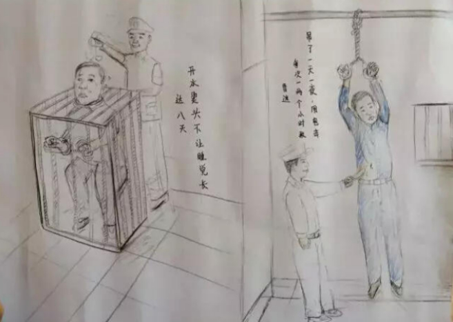 Dibujo que retrata a un policía torturando a un preso.