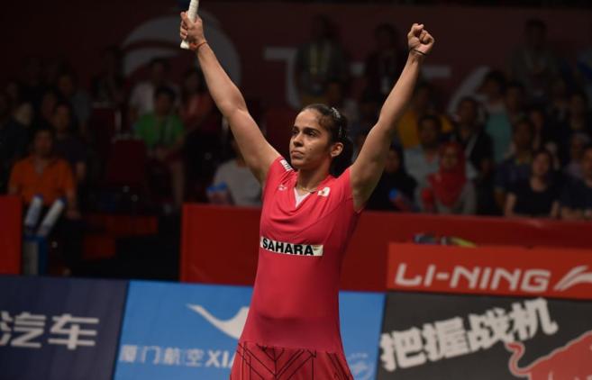 Saina Nehwal celebra su victoria ante la indonesia Lindaweni Fanetri