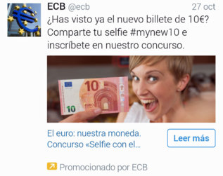 'Tuit' del BCE promocionando el concurso de 'selfies'.