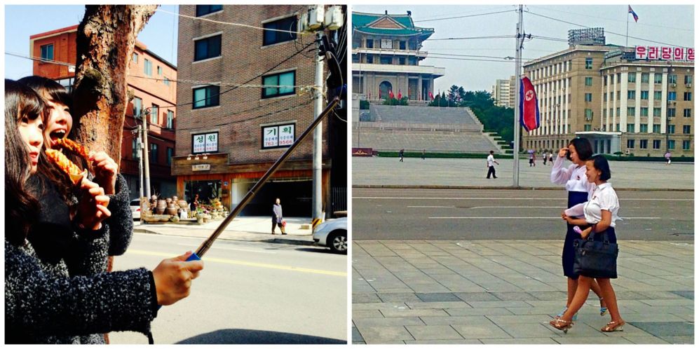 Dos chicas surcoreanas se sacan una foto con un palo 'selfie' y un...
