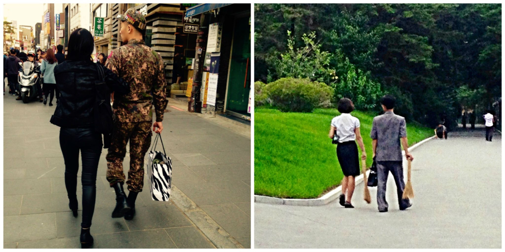 Una pareja de jóvenes surcoreanos pasea por una céntrica calle de...