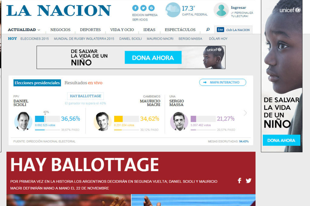 'La Nacin' es ms concisa: "Hay ballottage", reza el titular con el...