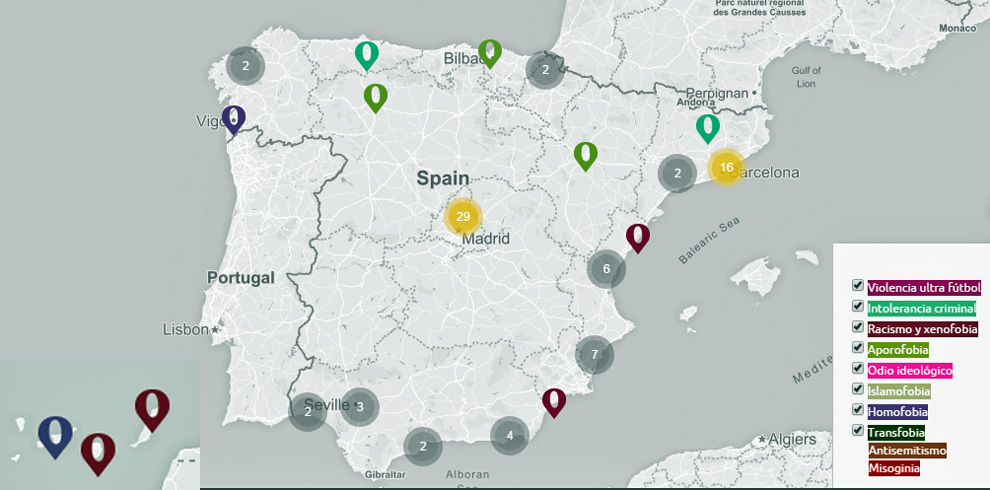 Captura del &apos;mapa del odio&apos;, con los casos mortales registrados en...