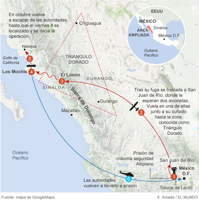 Mapa fuga El Chapo