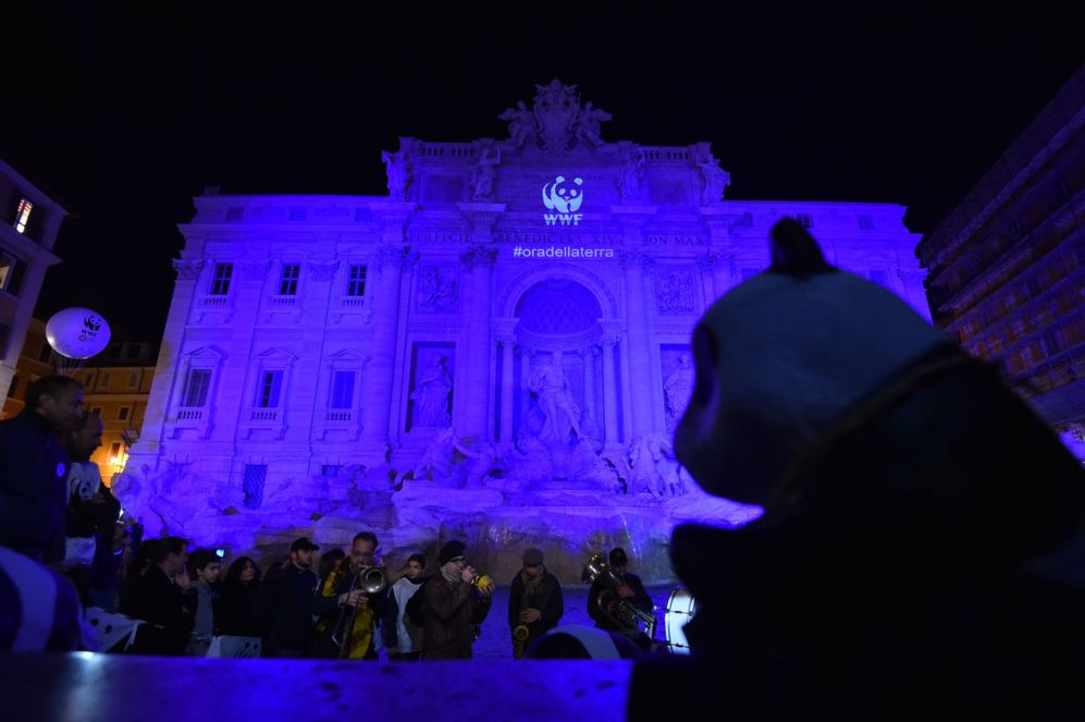 La mascota de WWF observa la iluminacin especial de la Fontana di...