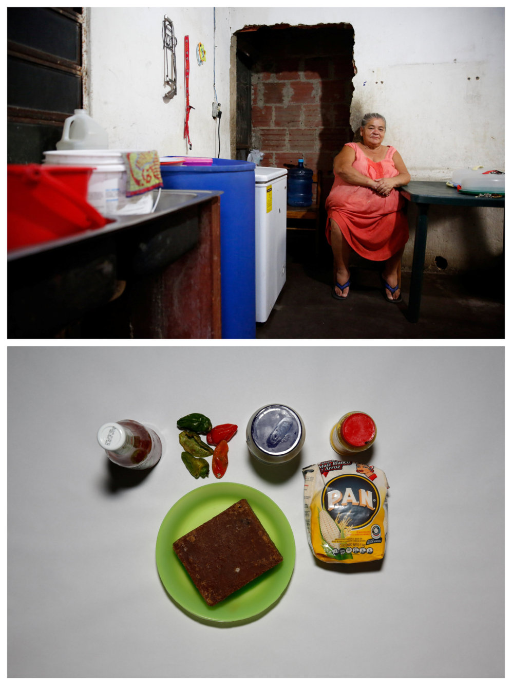 Antonia Torres posa con la comida que tiene en su casa de Caracas....