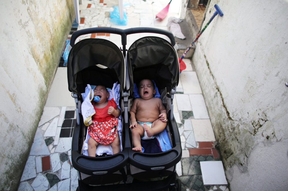 Los gemelos reposan en su carrito doble en el pasillo de su casa en...